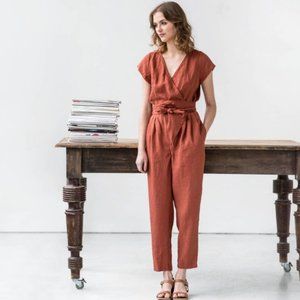Wrap linen jumpsuit  / Washed long linen overall